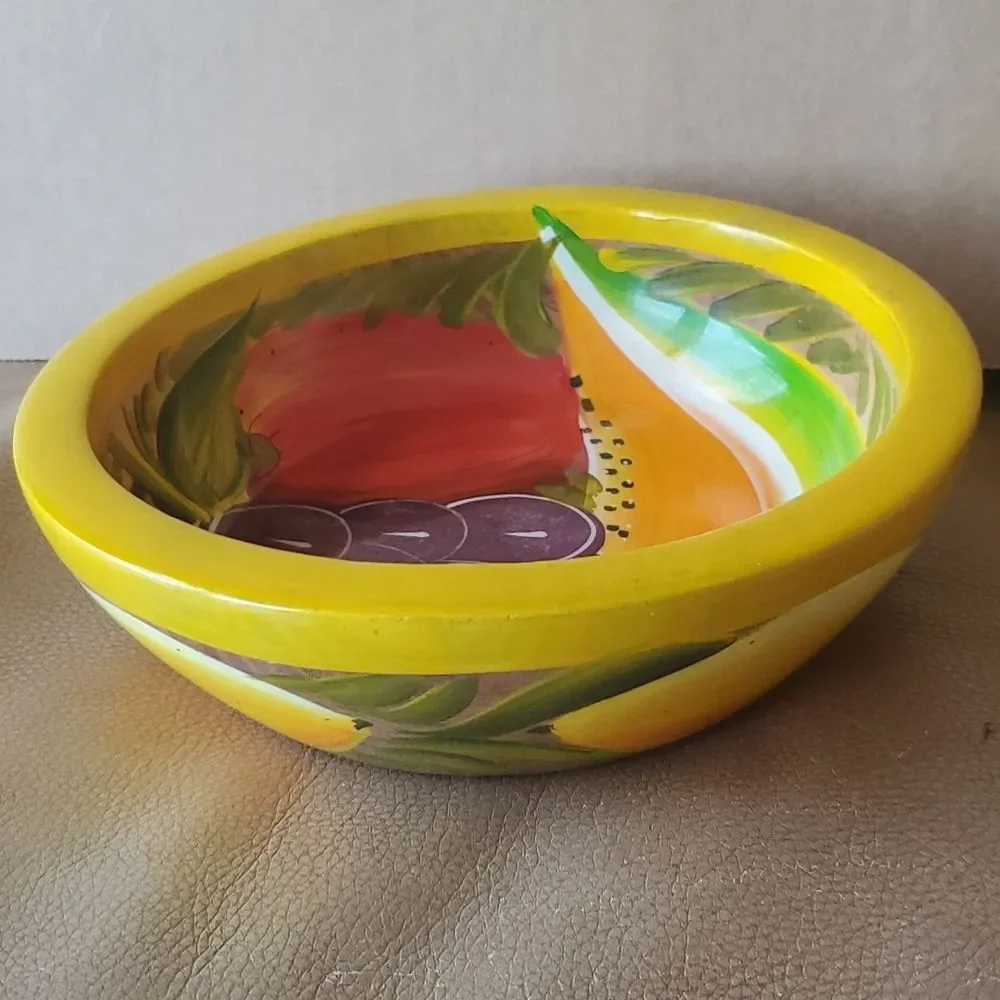 Painted Wood Bowl - fruit grape, apple, watermelon and lemons